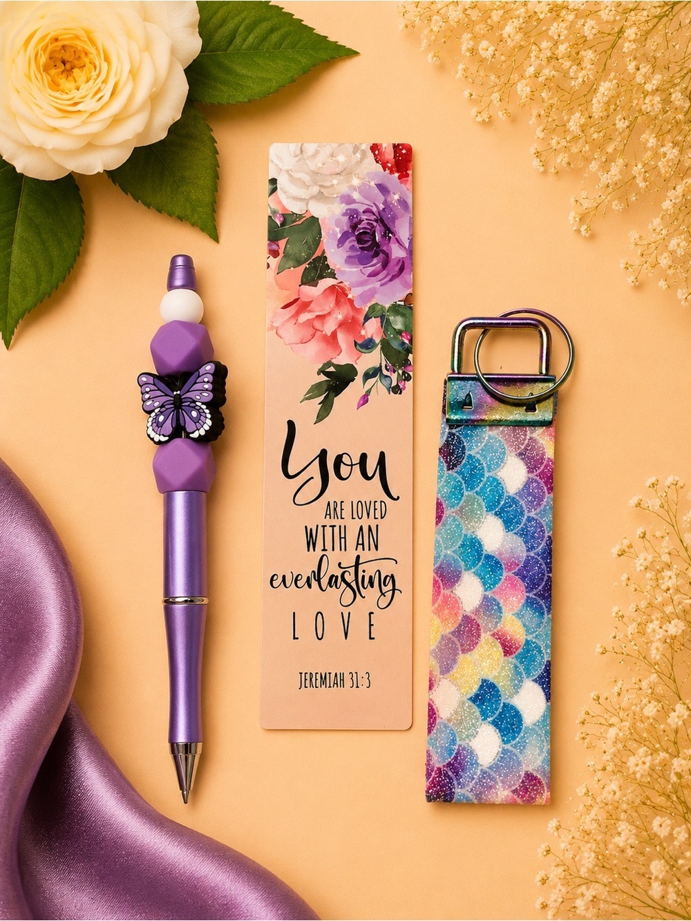 Floral Bible Verse Bookmark with Purple Butterfly Pen and Multicolor Key Fob Set